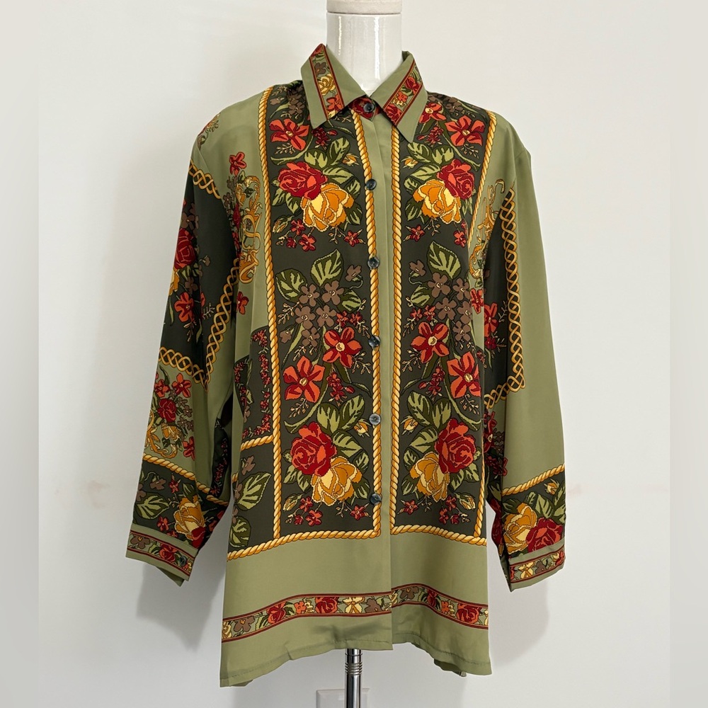 SIMULTANEOUSLY, Versace-esque Olive Green Floral Button-Down Blouse, Size M